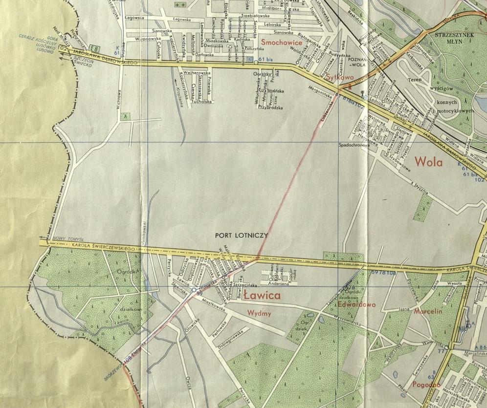 Fragment planu Poznania z 1974 roku obejmujący Ławicę, Wolę, Smochowice i teren portu lotniczego.