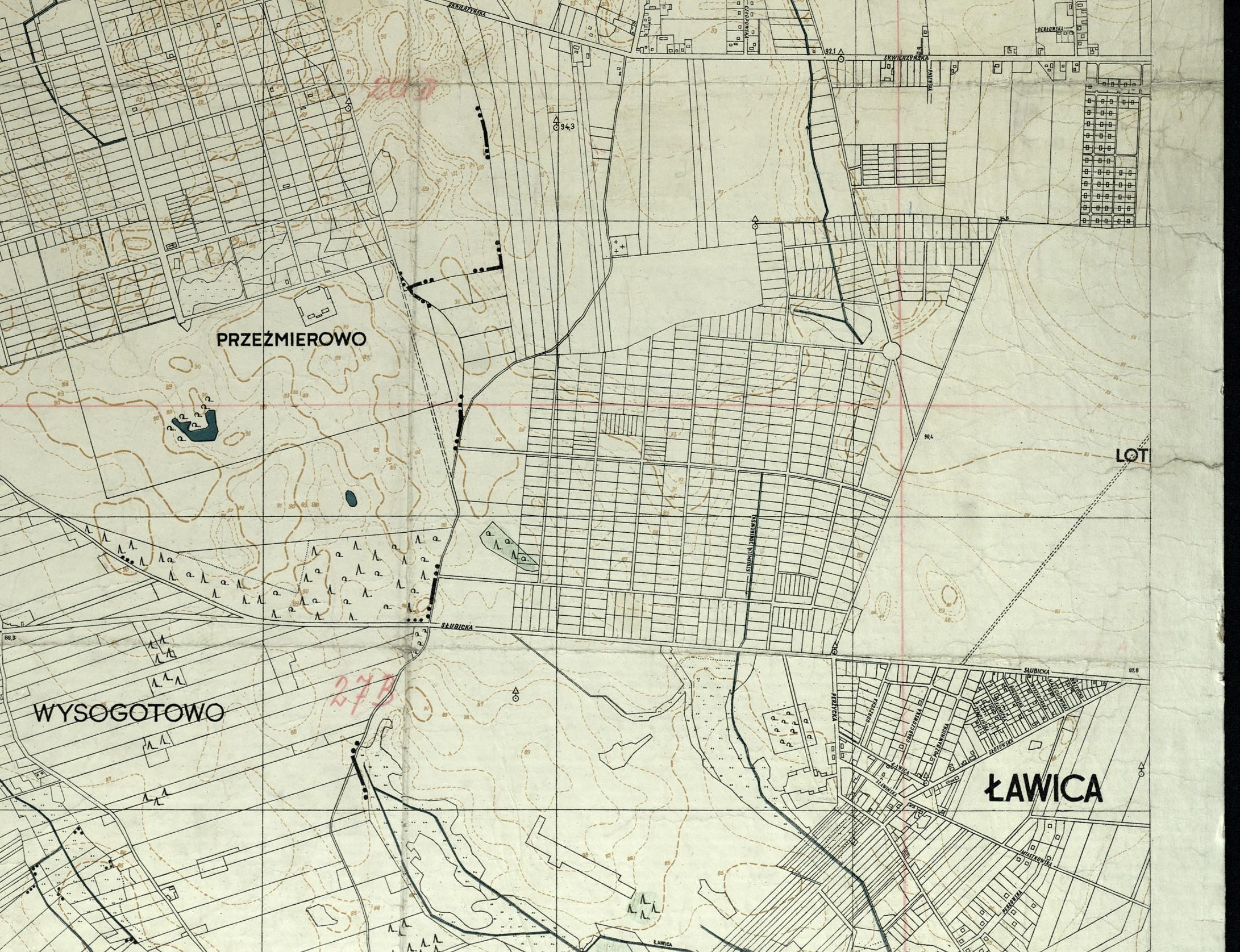 Fragment planu Poznania z początku lat 50. obejmujący Przeźmierowo, Wysogotowo i Ławicę.